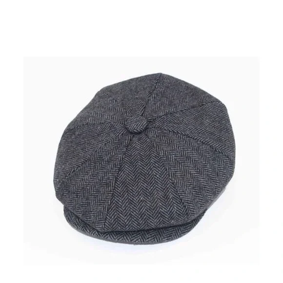 Newsboy Paper Boy Baker Boy Cap Gray Herringbone Tweed Hat Unisex OS Vintage - Picture 6 of 16